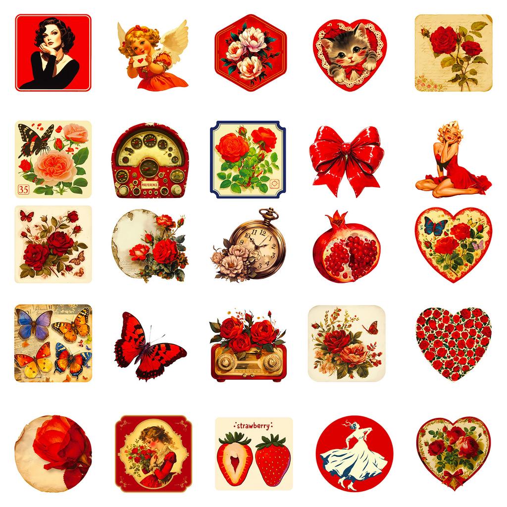50Pcs Red Aesthetic Vintage Rose Stickers - Non-repeating Decals for Phone/Notebook/Cup Decor