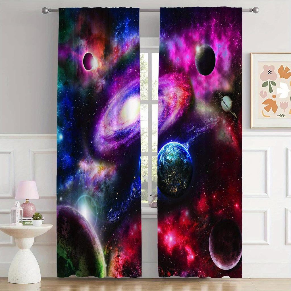 2pcs Galaxy Auroral Starry Pattern Curtains Rod Pocket Window Drapes Window Treatments For Bedroom Living Room Home Decoration
