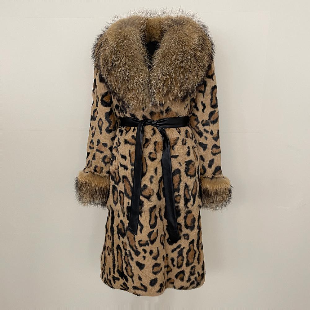 OFTBUY 2024 Winter Real Rabbit Fur Leopard Print Women Coat  Long Raccoon Fur Collar Coat Fur One-piece Thickened Warm Overcoats