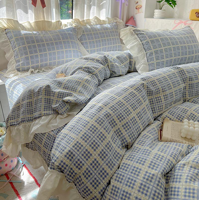 Princess Style Crinkled Gauze Lace Bedding Set - 4-Piece Washable Cotton Plaid Double Duvet Cover for All Seasons