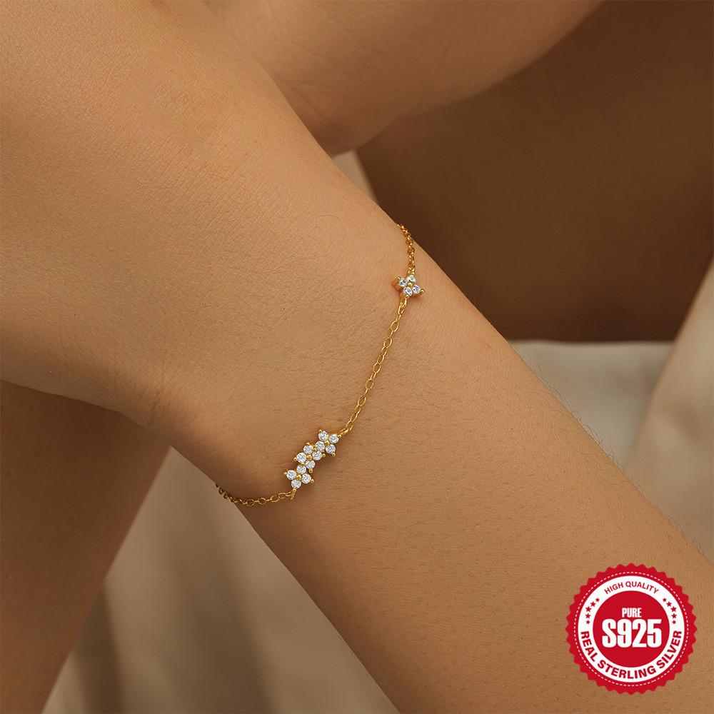 Gold S925 Sterling Silver Simple Wind Diamond Petals Four Petals Daily Matching Women'S Bracelet