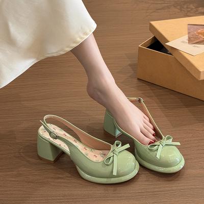 Feeënstijl strik sleehak enkele schoenen buitenkleding 2025 zomer nieuwe dames open teen ronde neus met rok hoge hak sandalen