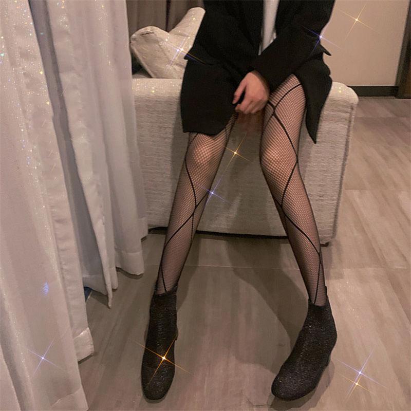 Female Vintage Fishnet Lace Pattern Tights Hollowed Rhombus Striped Geometric Jacquard Pantyhose Anti-pilling JK woman Legging