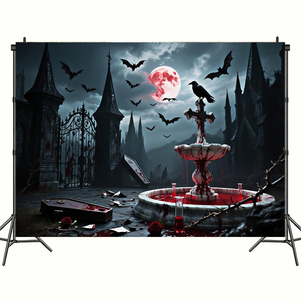 Red Full Moon,Crows,Castle,Bat Elements-Halloween Backdrop Tapestry for Party,Photography Booth,Festive Decor,Wall Decor