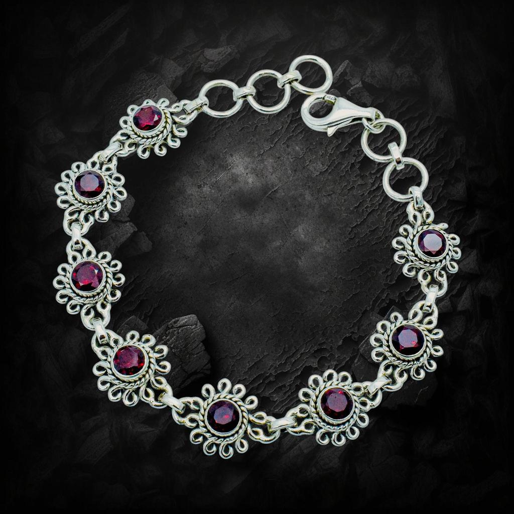 Natural Garnet Bracelet: 925 Sterling Silver Red Jewelry