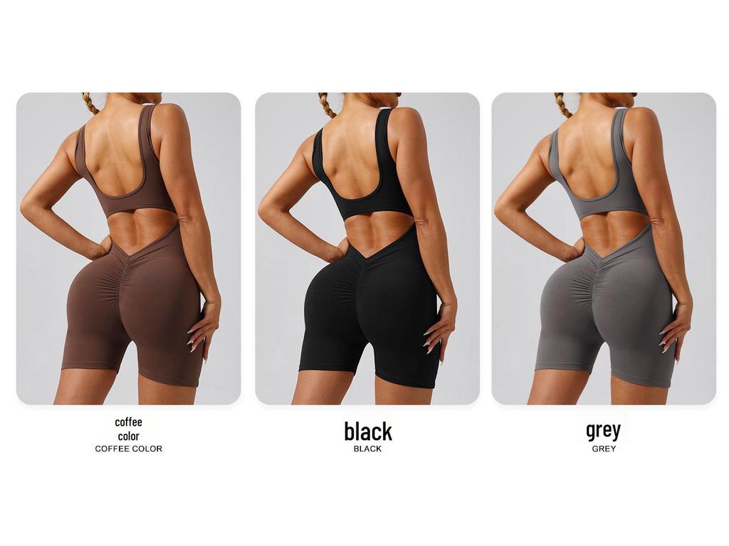 Women's Backless Slim Fit Yoga Jumpsuit - High Elastic, Hip Lifting, Square Neck, One-Piece Sports Shorts.
