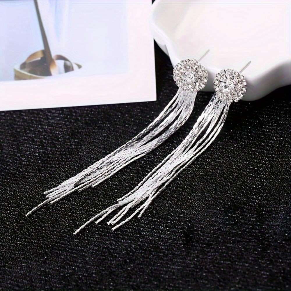 1Pair of Long Fringed Earrings, Korean Version of Fashion Temperament Exaggerated Diamond-set Round Earrings