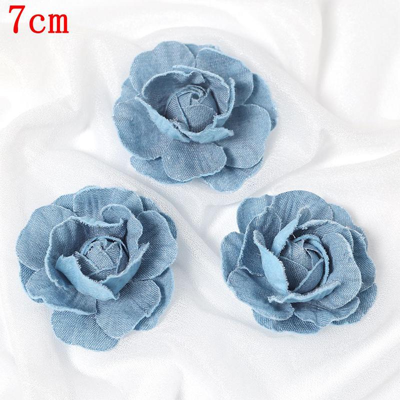 3/5Pcs 3.5/4.5/5/7/7.5CM Denim Artificial Blue Fabric Camellia Flower for Wedding Decor Women Handmade Cloth Corsage Accessory