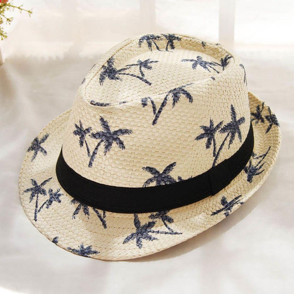 UV Protection Straw Hat Coconut Trees Pattern Jazz Hat Summer Panama Cap  Children Kids