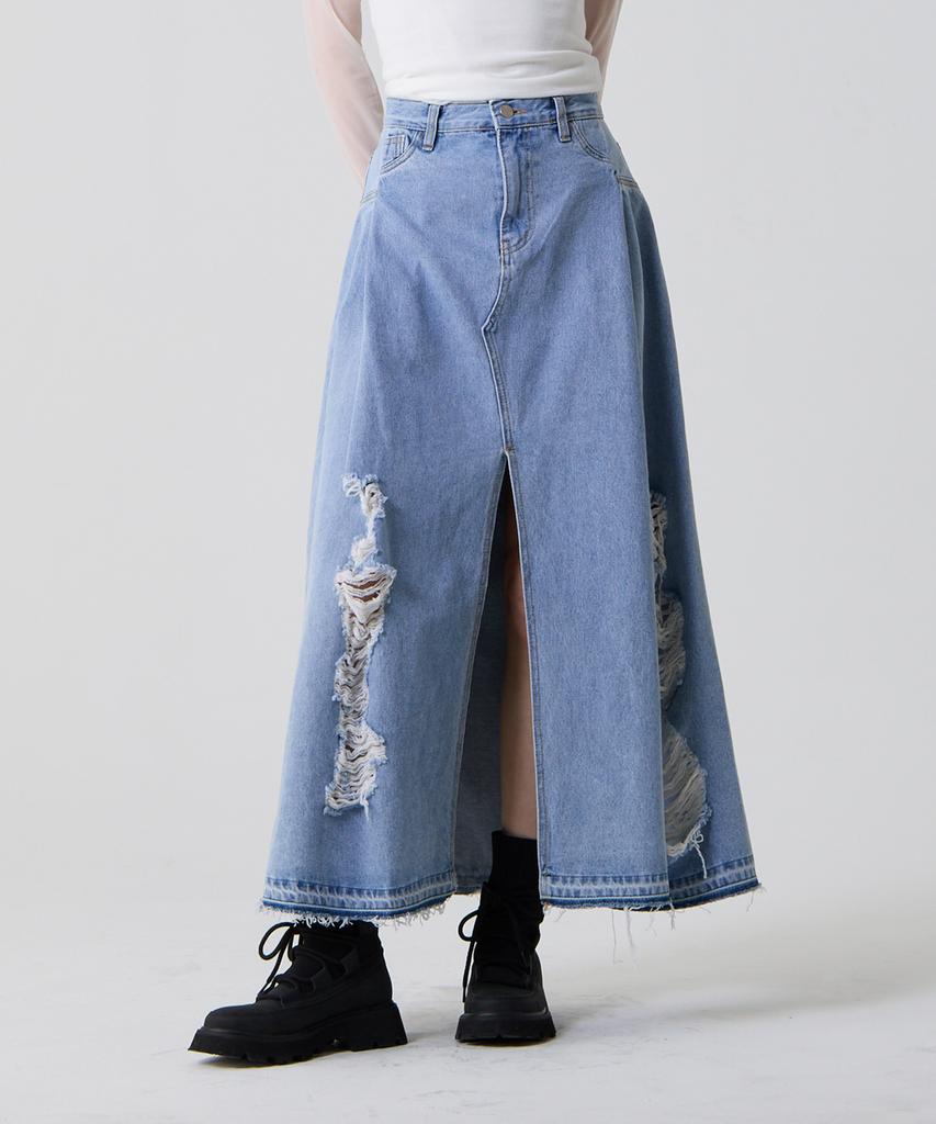 Unknown Planet Front Deep Slit Damaged Denim Long Skirt Light Blue