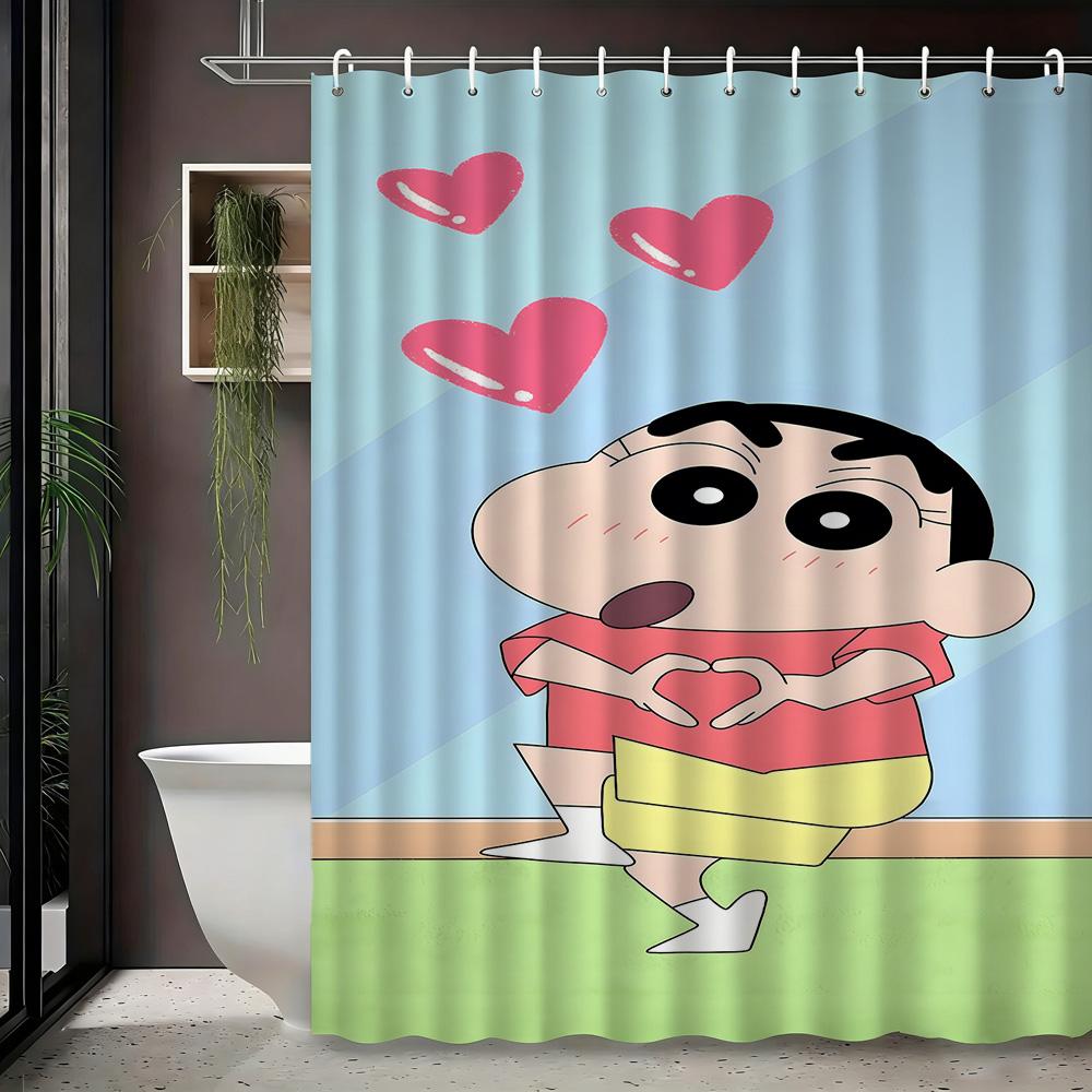 Crayon Shin-chan & Friends with Shiro 2D Print Waterproof Shower Curtain, Green Anime Bathroom Decor with Hooks