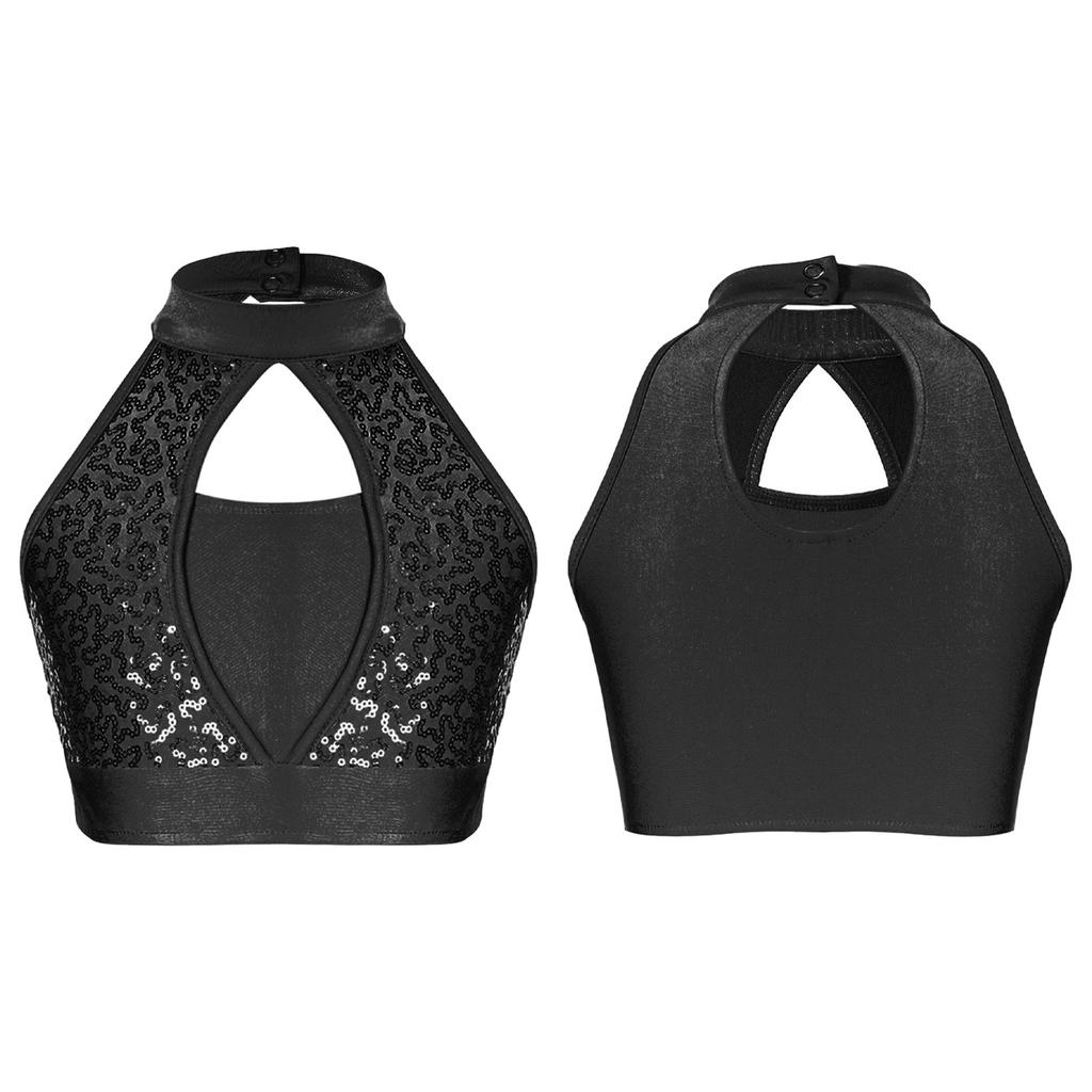 Girls Sleeveless Mock Neck Crop Top Sequin Patchwork Hollow Front Keyhole Back Dancewear