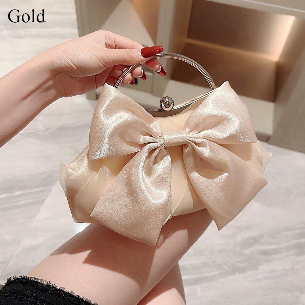 Luxury Gold Bright Silk Bowknot Evening Bag Chain Shoulder Bags Purse Wedding Party золотой