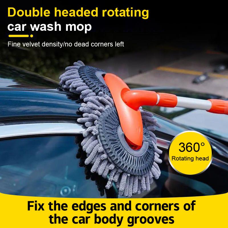 Rotating Double Brush Head Car Wash Mop Auto Supplies Three-Section Telescopic Mop Roof Window Cleaning Maintenance Accessories