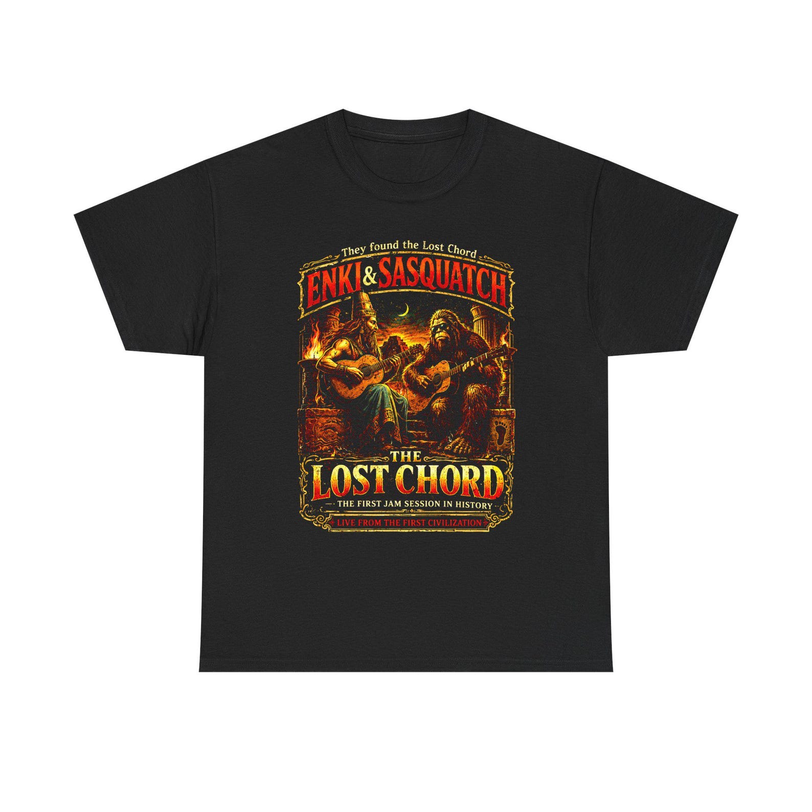 Enki and Sasquatch Lost Chord Shirt, Funny Bigfoot Guitar Tee, They Found the Lost Chord, Mythology Music Shirt, Vintage Concert Poster Tee L