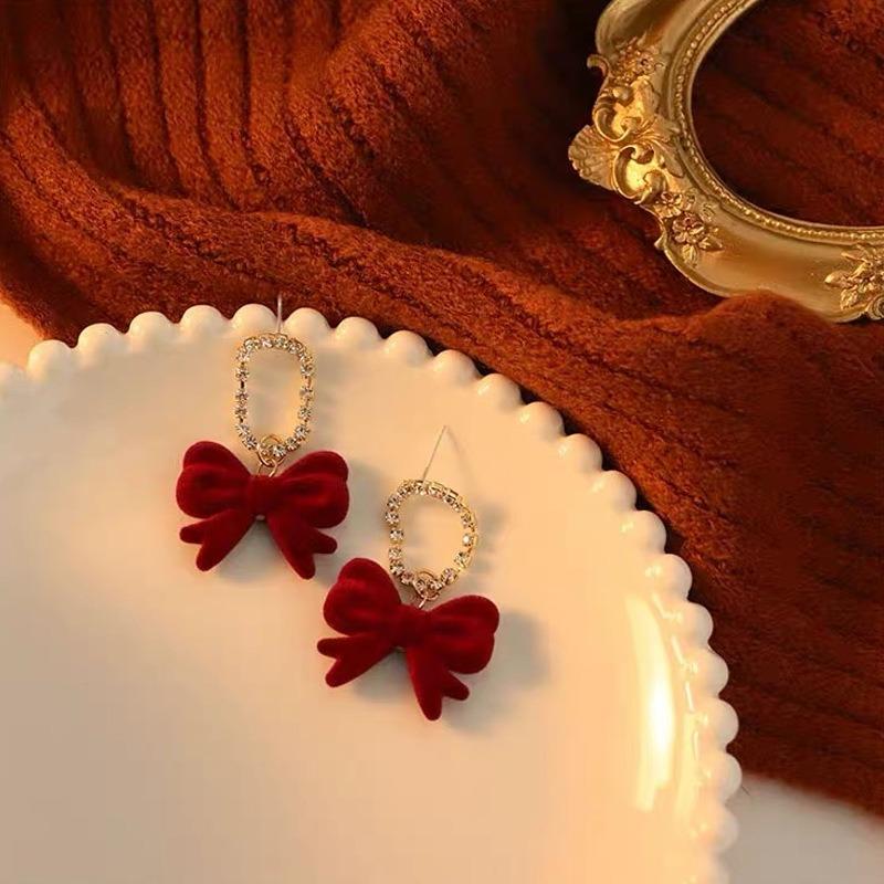 Velvet Red Bow Stud Earrings Korean Niche Design Wedding Earrings New Trendy Engagement Women