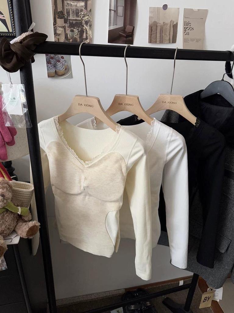 Women's Velvet Lace Base Layer Shirt - White V-neck Long Sleeve Top with Built-in Bra Pads for Autumn/Winter