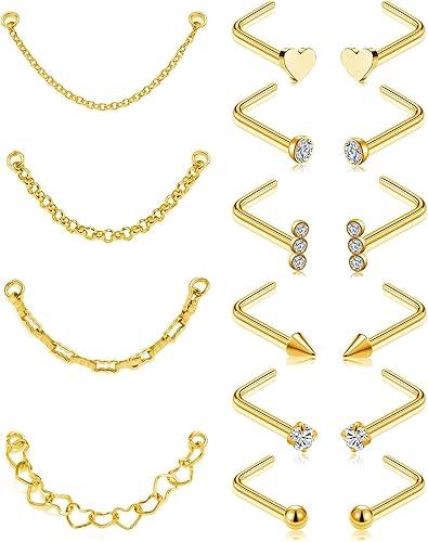 Nose Chain Piercing Across Double Nose Stud Chain CZ Heart Ball L Shaped Nose Chain Nostril Piercing Jewelry 20G Gold Tone