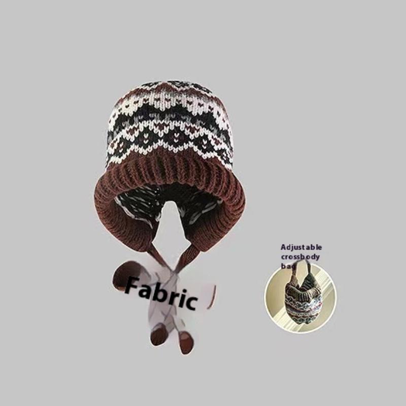 Korean Hood Scarf Balaclava Hat Ear Protection Warm Bomber Hats Women Retro Strap Bow Beanies Winter Accessories Knitted Law Hat