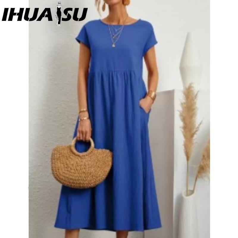 

IHUASU Женская мода Лето Весна Однотонный Принт Круглый вырез Высокая талия Повседневные платья XXXXXL синий