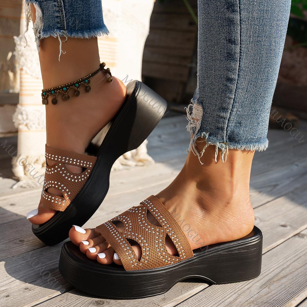 Fashion Summer Wedge Heightening Women Slippers Casual Fish Mouth Beach Slipper Outside Wear Fashion Leisure Rhinestone Sandal Slides