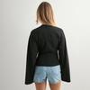 Y25TP201 European and American Women's Solid Color Round Neck, Wide Sleeve, Cinched Waist Sexy Long Sleeve Top