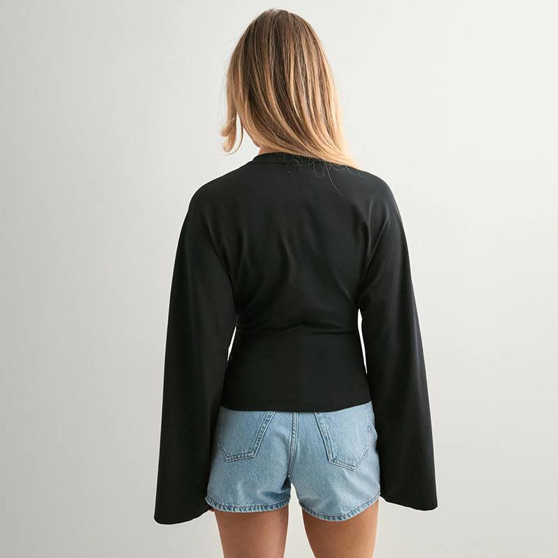 Y25TP201 European and American Women's Solid Color Round Neck, Wide Sleeve, Cinched Waist Sexy Long Sleeve Top