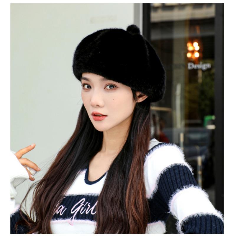 Big Head Circumference Black Beret Female Winter New Trendy Face Small Mink Hair Hat Octagonal Hat Cloud Hat Milliner