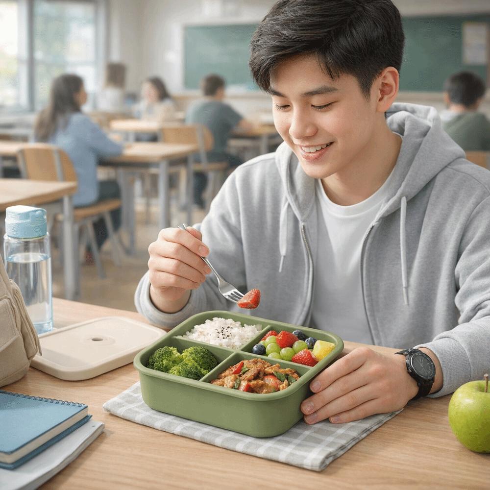 Auslaufsichere Silikon-Lunchbox 4 Fächer Lebensmittelaufbewahrungsbehälter Mittagszeit