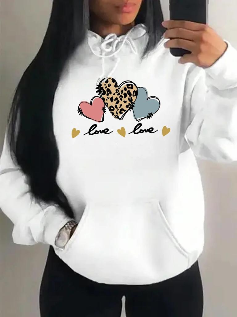 Pink Leopard Heart Printed Women'S Hoodie Autumn Loose Casual Pocket Fleece Pullover