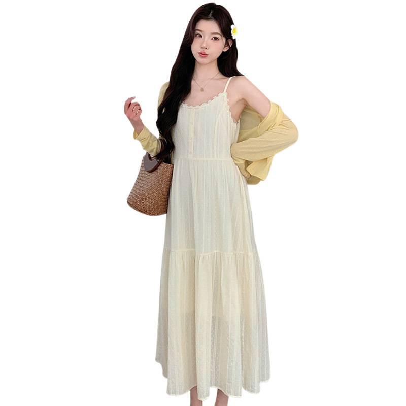 2026 Summer French Sweet Lace Camisole Dress & Sun Protection Cardigan Set