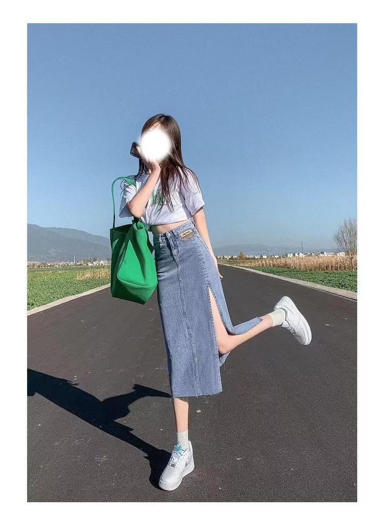 Women's Summer Light Blue High-Waist A-Line Denim Skirt with Split