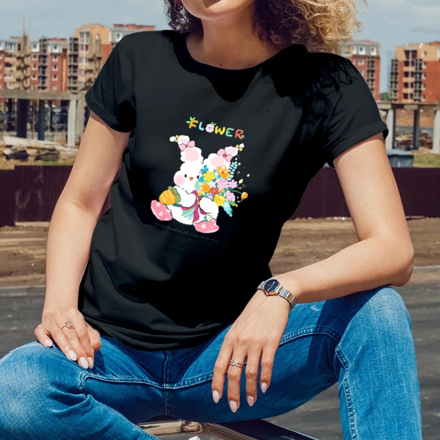 

SummerWomensShortSleeve CottonTShirt BunnyFlowerPrint forOutdoorSummer Picnics YoungWomenwithaSweet Charming Style S чёрный
