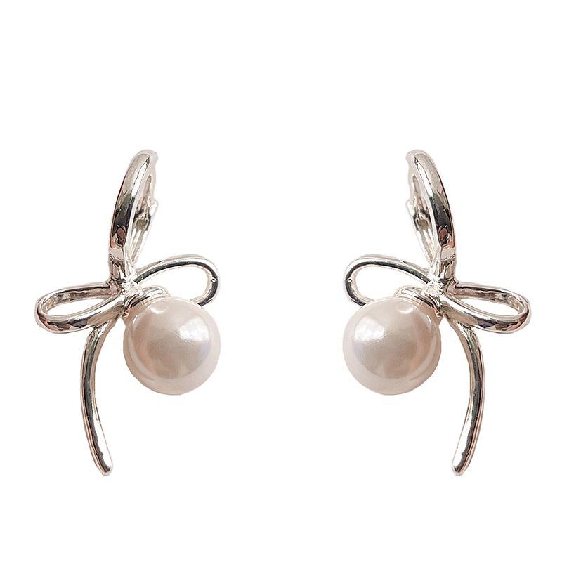 Fresh Silver Bright Bows Pearl Mosquito Coil Ear Clip Fancy Refined Grace Stud Earrings Earrings Jewelry Women