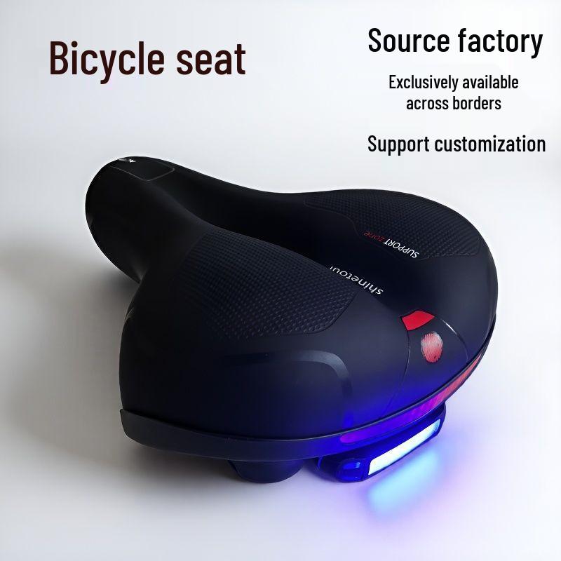 Mountain Bike Saddle with Center Hole, Cushion, USB Charging Tail Light Holder, Shock Absorbing Ball, and Lighted Seat Bag