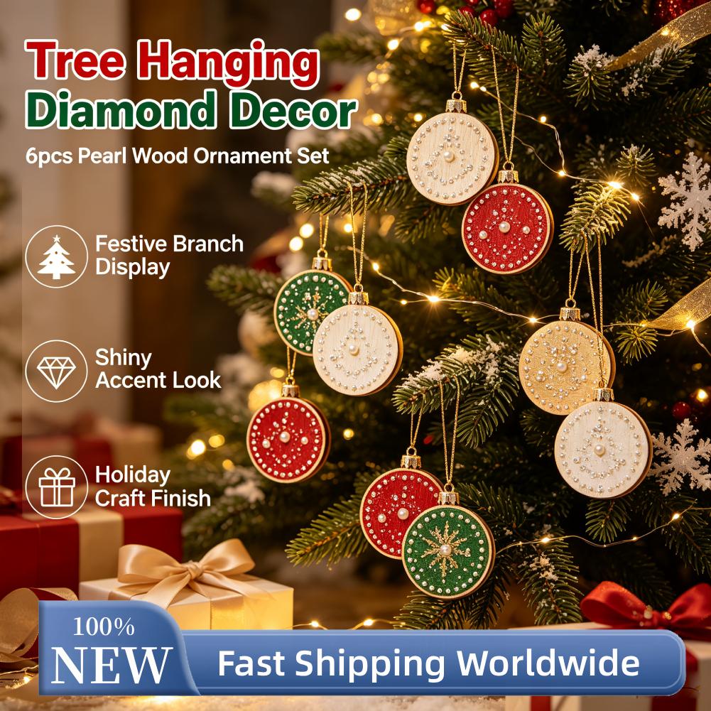 Christmas DIY Rhinestone Painting Ornaments 6pcs Wooden Round Pendants Diamond Craft Kit with Hemp Rope Tools Included