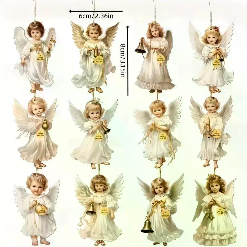 12pcs Vintage Christmas Angel Wooden Pendants, Artificial Wood Hanging Ornaments Perfect For Home & Outdoor Holiday Decor