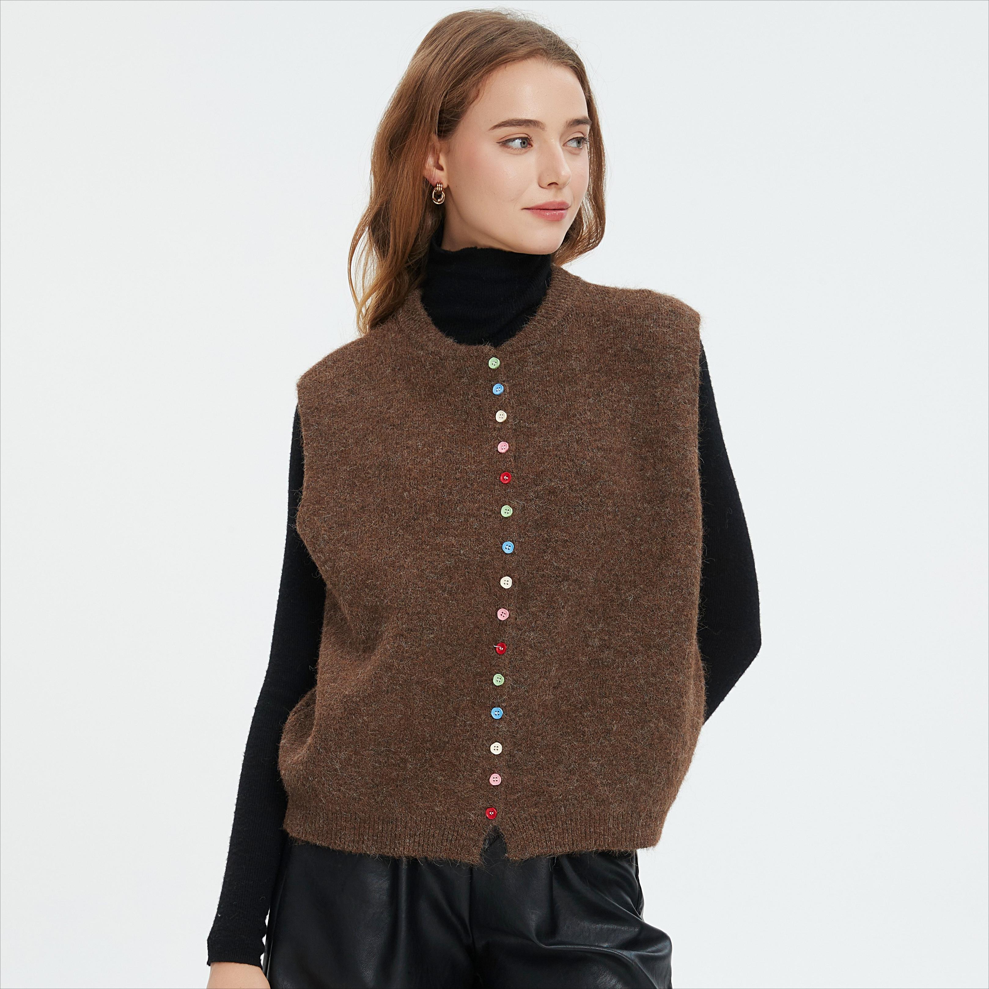 

DIMANAF 2025 Winter Plus Size Autumn Women Sleeveless Vest Sweaters Knitting Colorful Buttons Oversize Casual Style Loose Sweater One Size коричневый