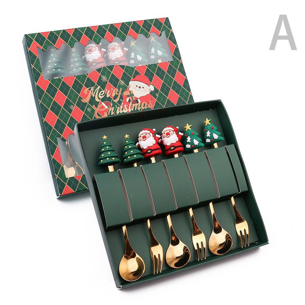 6Pcs Christmas Fork and Spoon Set Stainless Steel Creative Tableware Coffee Tea Dessert Forks and Spoons Gift Set