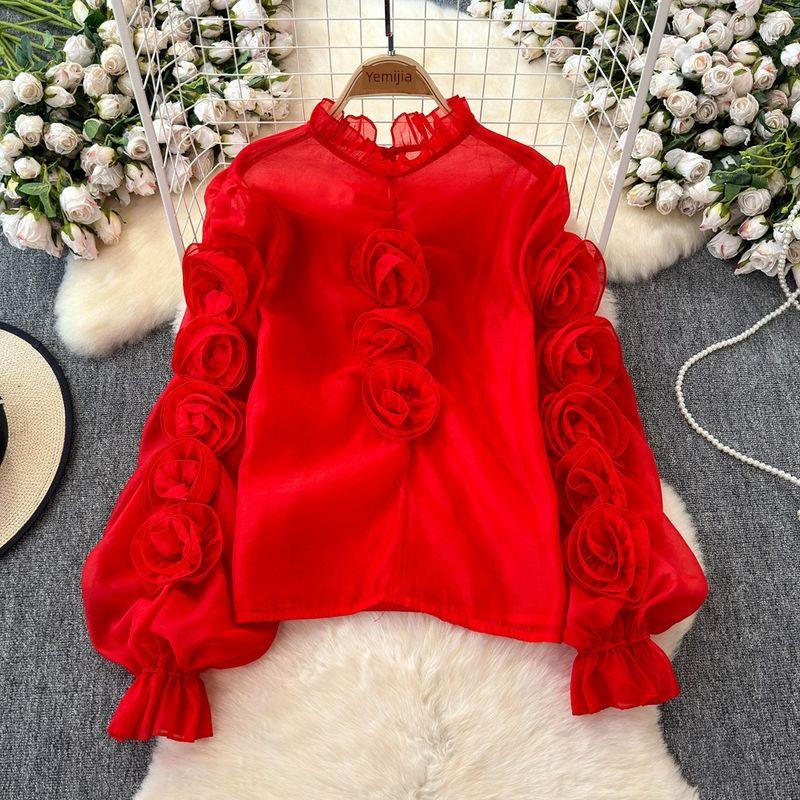 

Accessible Luxury Socialite Style Fancy Lantern Sleeve Shirt Women s Mesh Three-Dimensional Flower Loose Design Niche Temperament Tops Red One size