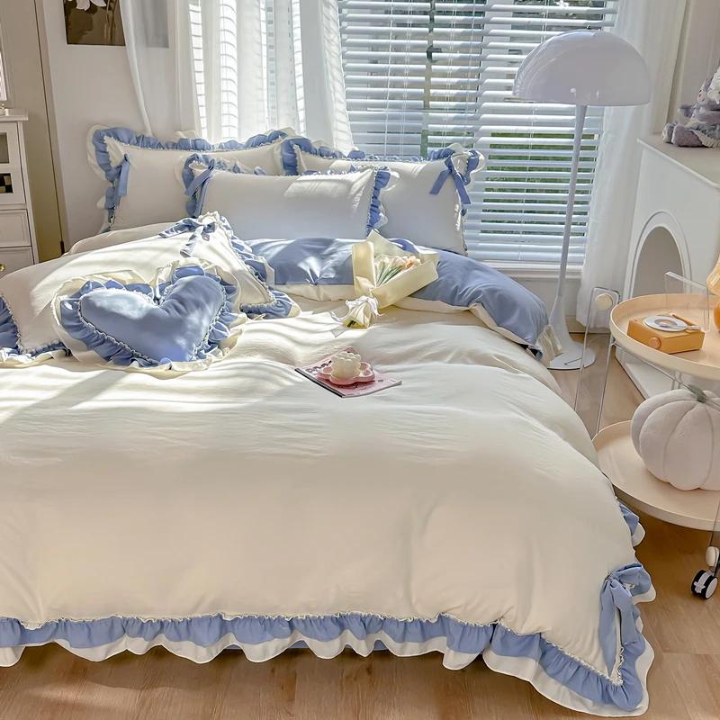 Korean Princess Style Bedding Set Girl Heart Solid Color Double Bed Sheets Washed Cotton Ruffled Bed Cover Skirt Sheet Quilt Set