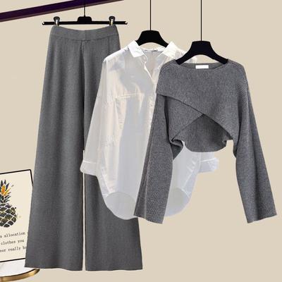 Autumn and Winter Women's Knitted Sweater Three Piece Pants Loose Blouse Shirt Sweater and High Waist Wide Leg Pants Vintage Casual Three Piece Set