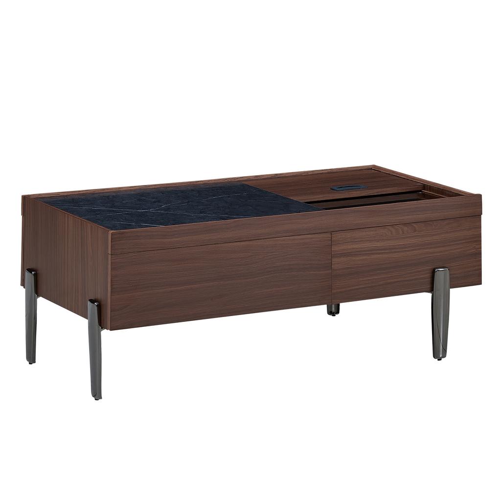 Modern Coffee Table with Drawers & Glass Top – Dark Brown Wood Design, Wood Grain in Marble Look, Metal Legs & Lots of Storage Space for Living Room