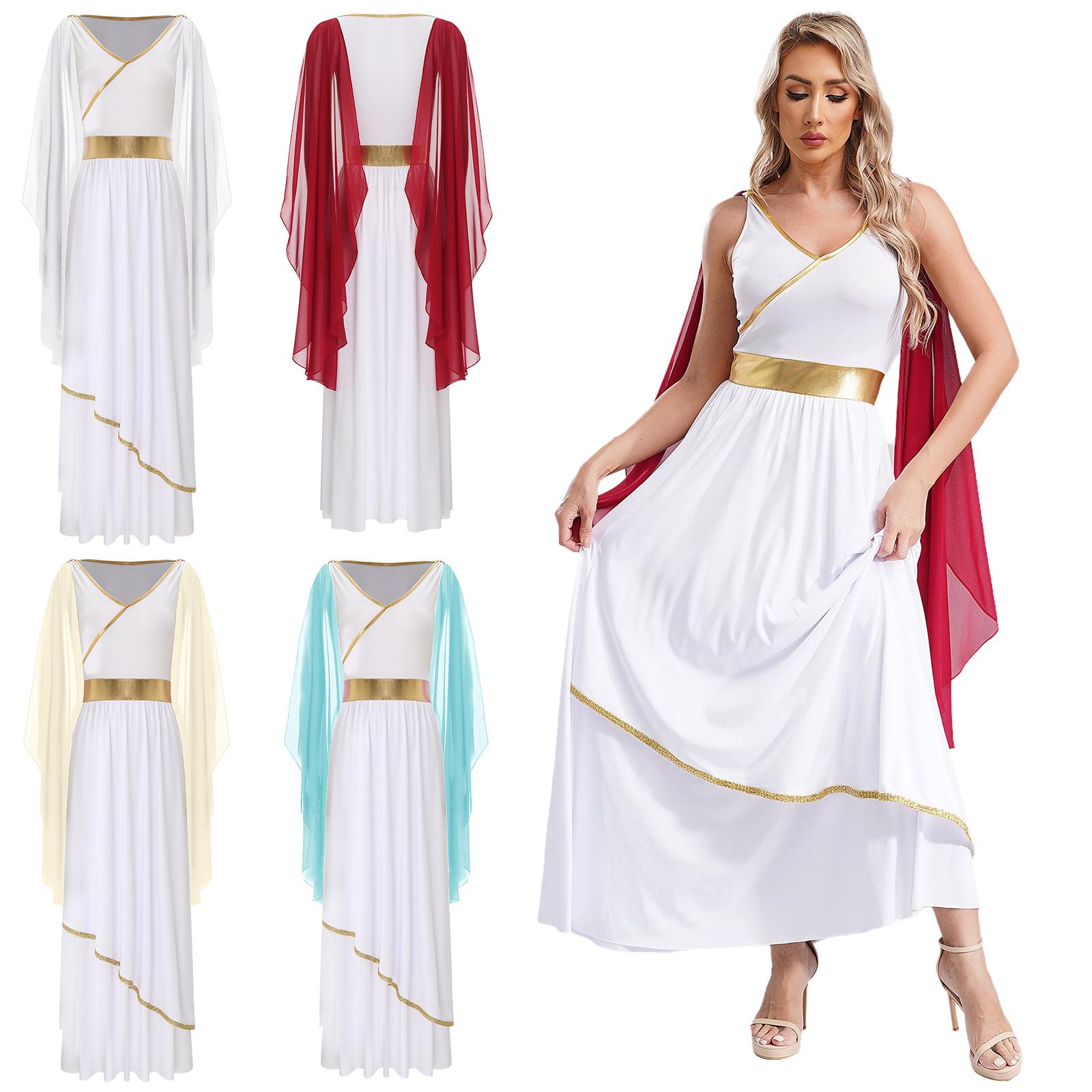 

Women s Ancient Greek Roman Queen Costume Halloween Cosplay Gold Trims Toga Dress S шампанського