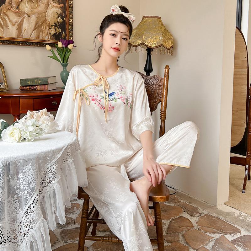 Women's pajamas new spring and summer ice silk comfortable and high-end new Chinese style loungewear set retro thin