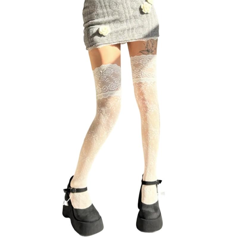 Stylish Long Boot Socks with Full Flower Lace Design for Women Sheer Colorful Fishnet Thigh High Over the Knee Stockings