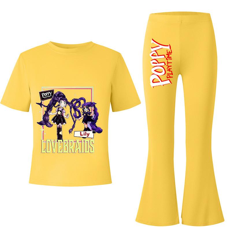 2pcs Kids Girls Lily Lovebraids Printed Casual Short Sleeves T-shirt Top Flared Trumpet Trousers Top Pants Sets