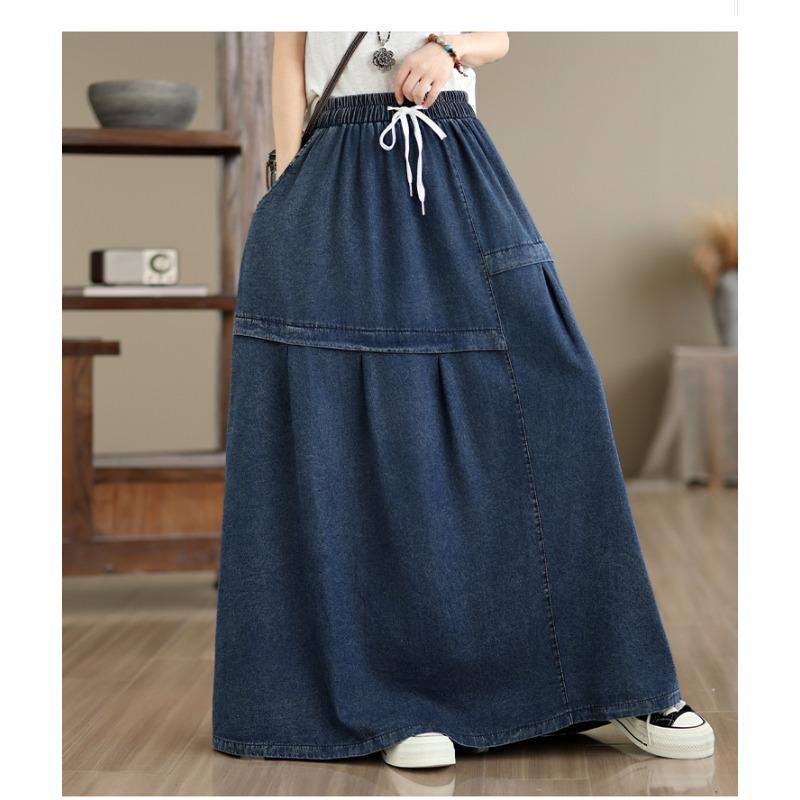 DIMANAF 2026 Autumn Winter Women Plus Size Denim Long Skirts Trousers Bottoms Cotton Loose Casual Oversize Denim Blue Skirt