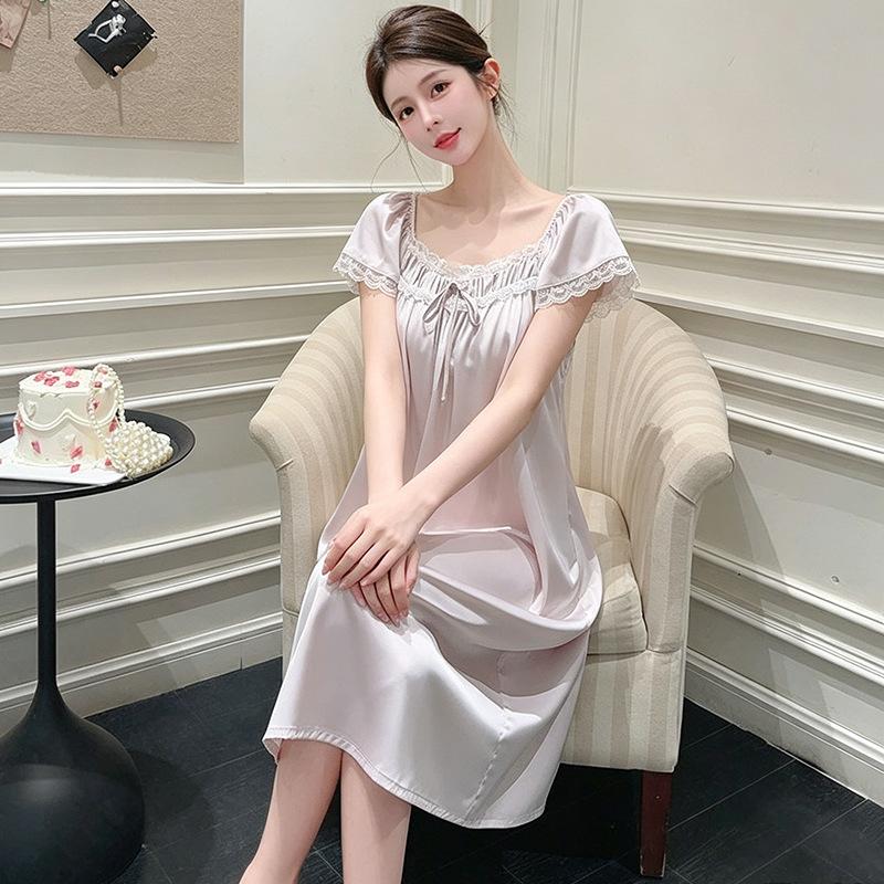 French court style nightgown women's summer ice silk short-sleeved pajamas summer pure desire sexy lace with chest pad medium and long dress