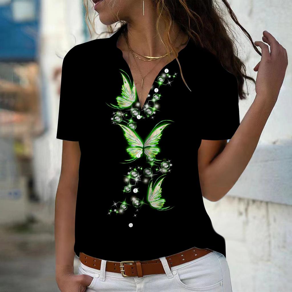 2025 Summer New Fashion Women's Butterfly Printed Short Sleeve V-neck Casual Button-down Shirt Top